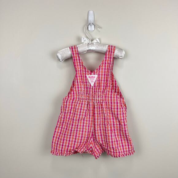 Vintage OshKosh B'gosh Pink Orange Plaid Flower Shortall 2T - Picture 6 of 9